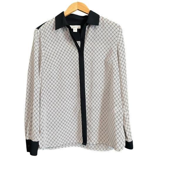 Cold Water Creek Blouse Women Size S Black Cream Button Down Semi Sheer Casual - Picture 1 of 10